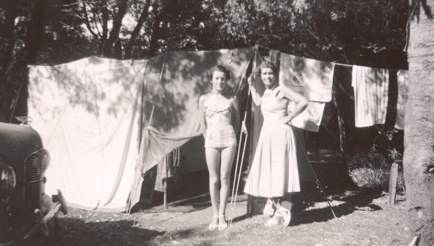 Digital Photograph - Mother & Daughter Standing outside Tent & Clothes Line, Cowes, Phillip Island, 1954